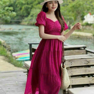 Đầm thời trang nữ tay phồng mocking ( có mút ) chất lụa 100D nhiều màu