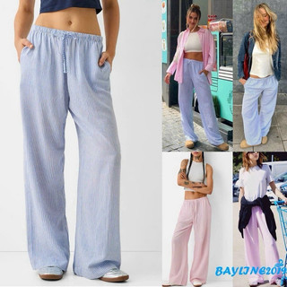 Quần suông sọc kẻ xanh - hồng ống rộng lưng chun trendy- quần suông ống rộng phối sọc kẻ
