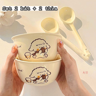 Set bát sứ kèm thìa hình chó bông