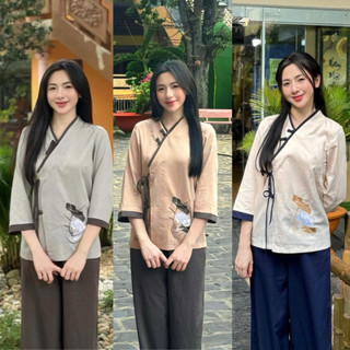  Bộ lam đi chùa truyền thống chất liệu Đũi Xước vạt chéo thêu hoa Sen Bộ lam đi lễ truyền thống