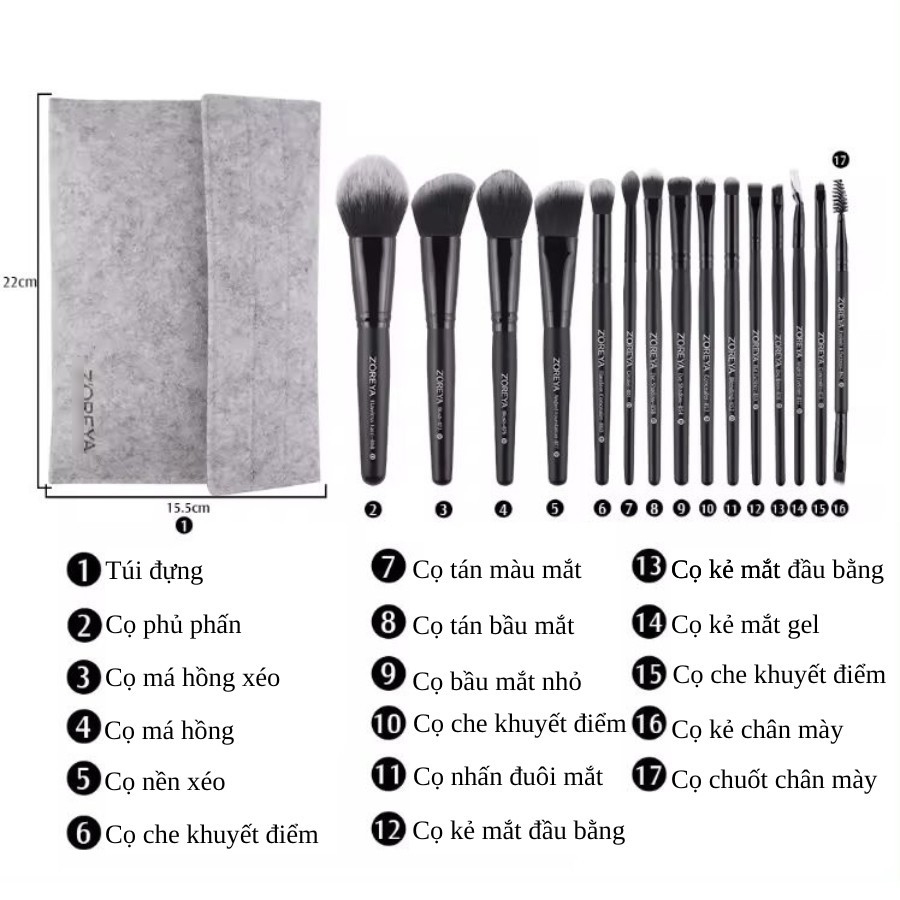 Bộ cọ trang điểm cá nhân 15 cây kèm bao đựng cọ Z15 Makeup brushes