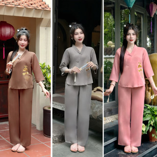 Pháp phục đi chùa, Bộ lam đi chùa chất liệu Lụa Trượt Nhật theu Sen Cao Cấp