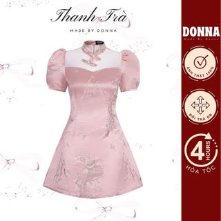 DONNA - Đầm kiểu sườn xám gấm cách tân tay phồng thêu hoa cao cấp