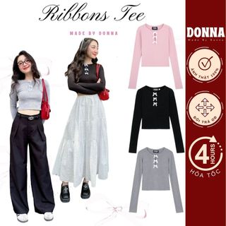 DONNA - Áo thun tay dài Ribbon Tee dáng ôm đính nơ độc đáo cho nữ