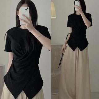 Áo thun nữ vạt chéo cổ tim dây cổ choker áo kiểu nữ thum tăm co giãn thiết kế che bụng