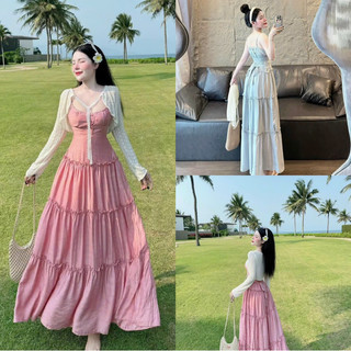 Đầm 2 dây thời trang nữ mặc đi chơi dáng váy dài tùng xoè chất vải lụa xước kèm khoán ren ngoài