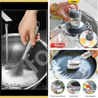 Chổi inox 304 - cây cọ chà rửa xoong, nồi, chảo có chỗ đựng xà phòng