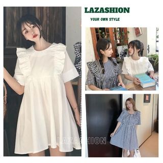 Đầm babydoll có 2 màu kẻ và trắng - Váy ngắn viền bèo tay cộc, dễ mặc, dễ phối đồ cho nữ (MỚI) - LAZASHION V40