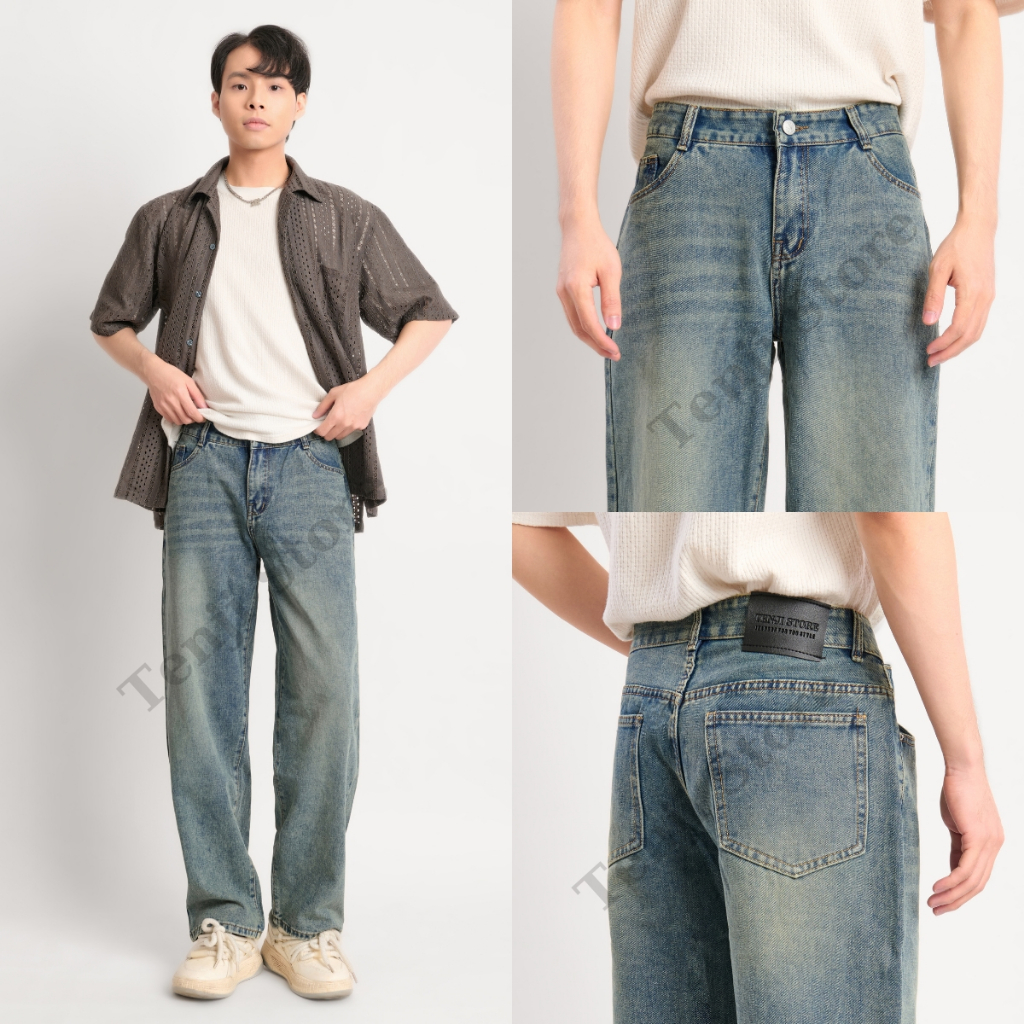 Quần Jean Nam Baggy Wash Smoke TenJi Store, Quần Jean Nam Ống Suông Xanh Bụi Chất Liệu Cao Cấp (45-85KG)