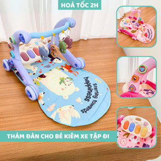 Thảm nhạc cho bé sơ sinh kiêm xe tập đi 6in1, đồ chơi cho trẻ nằm chơi, có nhạc piano hình gấu 9BABY