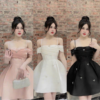 Đầm 2 dây thời trang nữ mặc đi chơi có mút ngực chất vải tapta đính kèm nhiều phụ kiện,