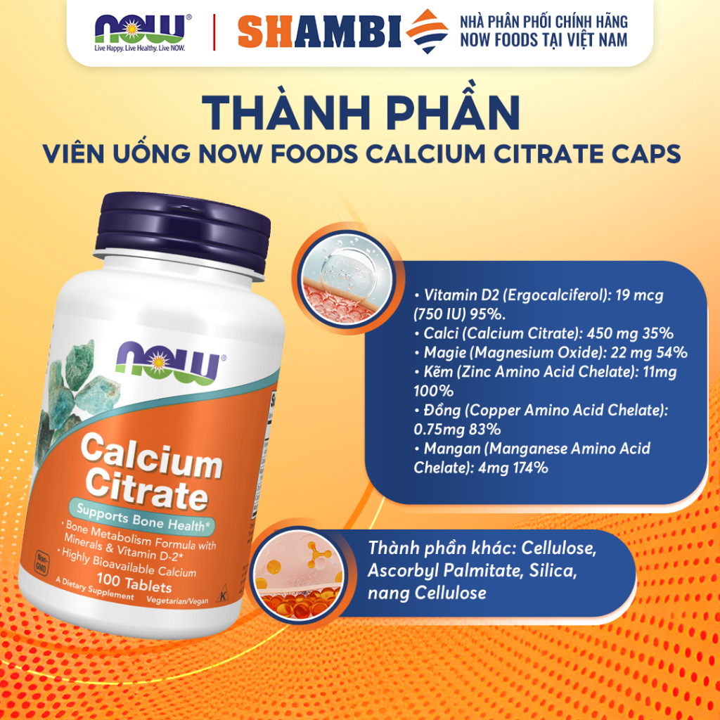 Viên Uống Calcium Citrate Caps NOW FOODS Bổ Sung Canxi Và Chất Khoáng Giúp Xương Chắc Khỏe