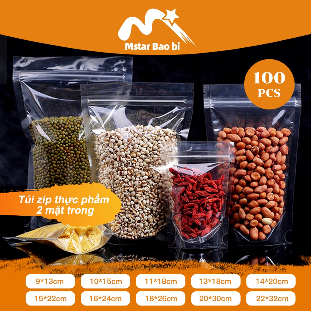 100cái/size Túi zipper đáy đứng 2 mặt trong đựng bột, đựng hạt, đựng trái cây sấy có sẵn đủ size