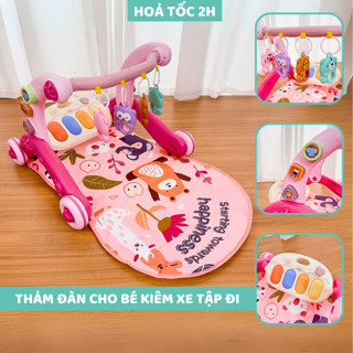 Thảm nhạc cao cấp cho bé sơ sinh kiêm xe tập đi có nhạc đàn piano 6in1 mẫu Gấu Hồng 9BABY