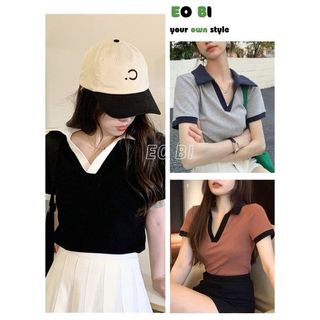 Áo thun croptop cổ V phối viền chất thun co giãn, Áo polo cổ bẻ phối viền màu ngắn tay cá tính - EOBI