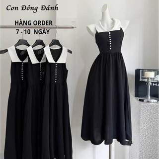 [ORDER] Đầm khoét vai cổ chữ sơ mi khí chất cổ điển Hepburn - Đầm đen kiểu dáng dài quý cô thanh lịch VD009