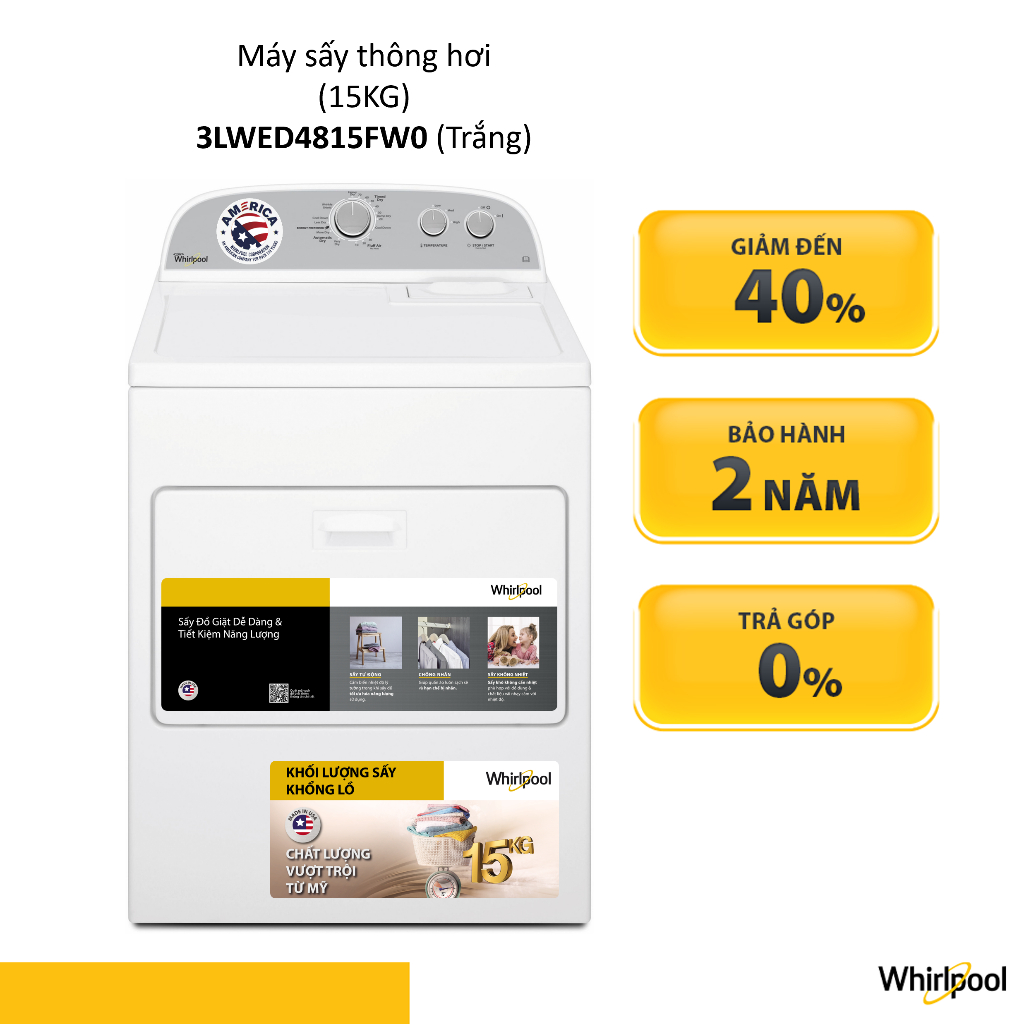 Máy sấy thông hơi Whirlpool 15 kg 3LWED4815FW0 - Bảo hành 2 năm