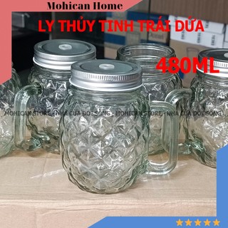 Ly thủy tinh hình trái dứa có quai, nắp đậy 480ml, cốc thủy tinh quả thơm pha nước dễ thương