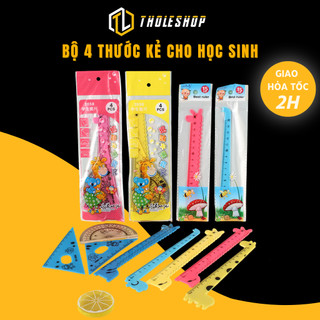 Bộ 4 Cây Thước Thẳng 15cm, Eke 45 Độ, Eke 60 Độ, Đo Góc Cho Bé Học Tholeshop 9110