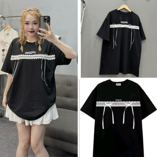 Áo phông nữ in chữ DIGENI form rộng, áo thun phối ren sọc ngang đính hai nơ xinh tu tay lỡ unisex