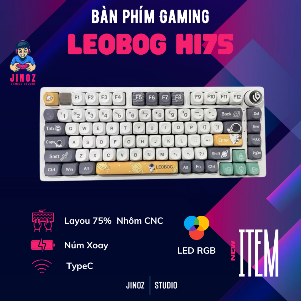 Bàn phím cơ Leobog Hi75 full mod sẵn, kết nối dây type-c led RGB layout 75% có núm xoay - Jinoz Gami