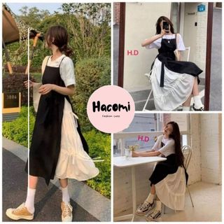Set váy yếm phối dây eo kèm áo thun trắng - Bộ đồ nữ đầm midi dáng dài, váy xòe tiểu thư bánh bèo hàn quốc ulzzang