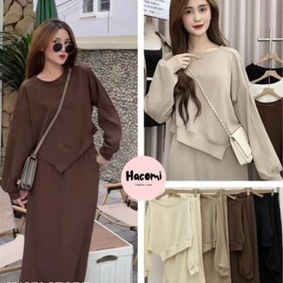 Set áo vạt nhọn KÈM CHÂN VÁY DÁNG DÀI chất tăm, bộ áo vạt nhọn kiểu dáng basic chất nỉ tăm co dãn