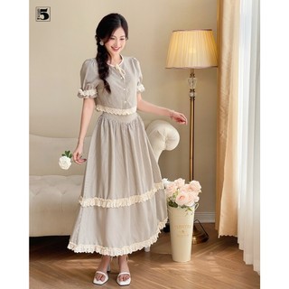 Set áo kiểu nữ Twentyfive dáng ngắn và chân váy midi phối viền ren tiểu thư họa tiết kẻ AL15+CL09