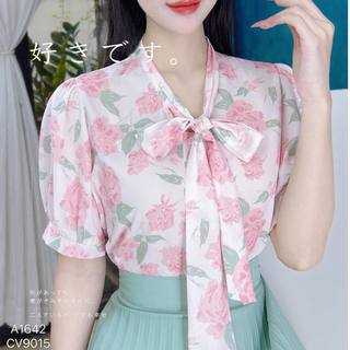 Áo sơ mi lụa thắt nơ kiểu tay phồng CHUU A1642
