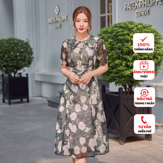 Đầm thiết kế cao cấp FIONA dáng xòe đầm công sở lá cổ kẹp bèo nẹp giả thân trước F413038