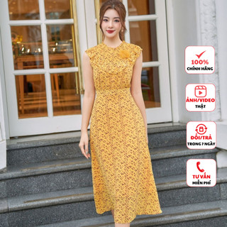 Đầm thiết kế cao cấp FIONA váy công sở nữ dáng xòe nhún eo cổ và ngực xếp bèo nhún F413057