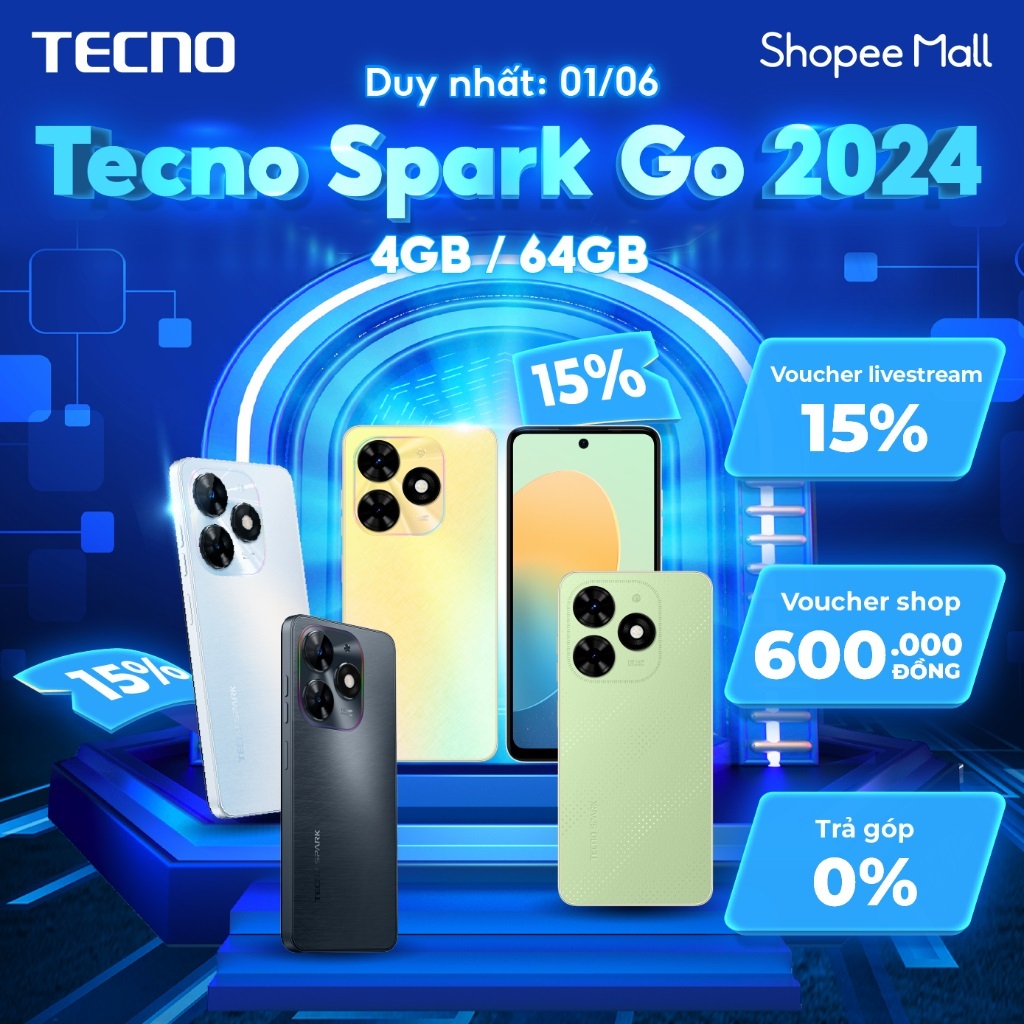 Điện thoại Tecno SPARK GO 2024 - Unisoc T606 - Dynamic Port - 6.56'' Tần số quét 90HZ - Chính Hãng