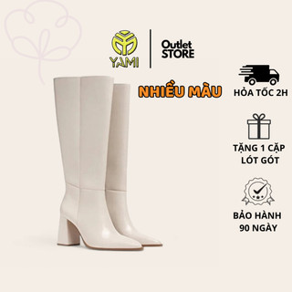 Boot ống, bốt trắng nữ dưới đầu gối mũi nhọn cao gót 7 phân màu trắng đen, boot dài cổ cao, giày hiệu xuất dư - yami