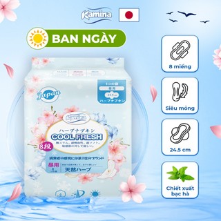 Băng vệ sinh thảo dược Ban ngày Kamina Cool Fresh bạc hà siêu mỏng có cánh 24.5cm gói 8 miếng