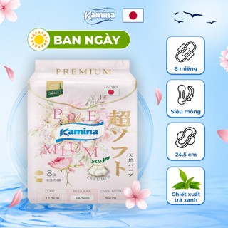 Băng vệ sinh thảo dược Ban Ngày Kamina Soft Premium trà xanh siêu mỏng có cánh 24.5cm gói 8 miếng