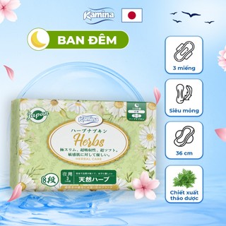 Băng vệ sinh thảo dược Ban đêm Kamina Herbs Nhật Bản chống tràn chiết xuất ngải cứu 36cm gói 3 miếng