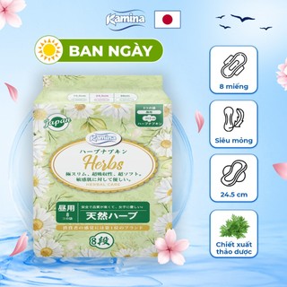 Băng vệ sinh thảo dược Ban ngày Kamina Herbs ngải cứu siêu mỏng có cánh 24.5cm gói 8 miếng