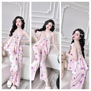 Đồ ngủ lụa, bộ ngủ 2 dây quần dài nút bọc ren ngang ngực