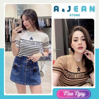 Áo len gân sọc chữ tay con, áo tay ngắn | A&JEAN STORE