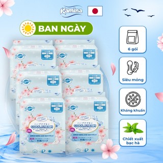 Combo 6 gói băng vệ sinh thảo dược Ban ngày Kamina Cool Fresh mỏng mịn có cánh 24.5cm gói 8 miếng