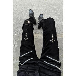  JEAN SKINNY NAM 2 ZIP CHÉO ĐÙI CHỮ THẬP ĐINH VUÔNG RÁCH 