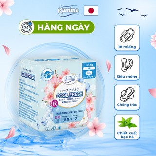 Băng vệ sinh thảo dược Hàng ngày Kamina Cool Fresh siêu mỏng từ bạc hà có cánh 15.5cm gói 18 miếng