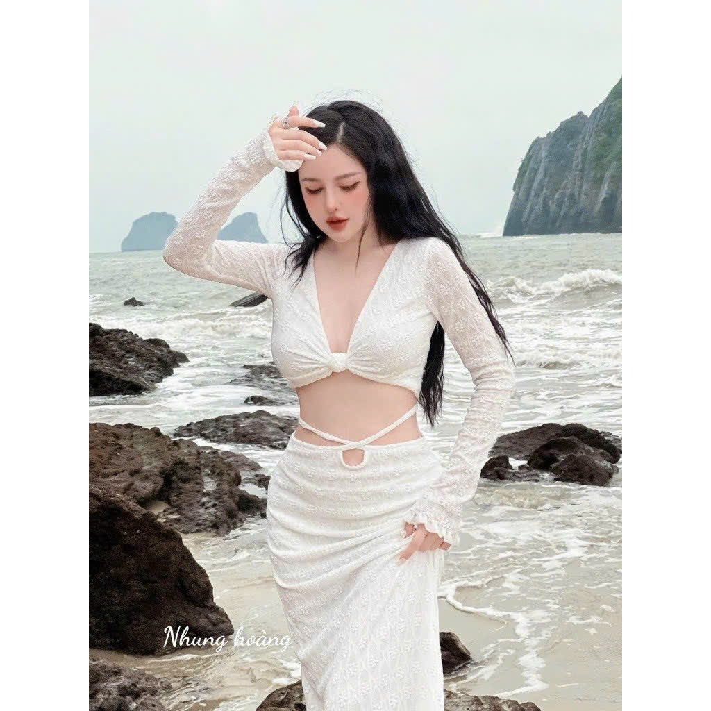 Đồ bơi bikini đi biển hai mảnh áo xoắn ren + chân váy ren dài sành điệu,HÀ BIKINI [ Áo Xoắn ren ] Kèm mút | BigBuy360 - bigbuy360.vn