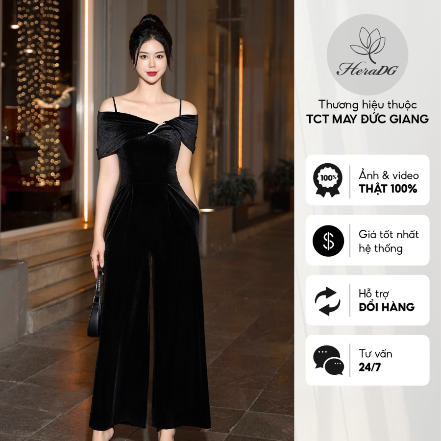 Jumpsuit HeraDG thiết kế dáng dài ống rộng cổ lệch trễ vai, chất nhung mềm mại WJSBC3004