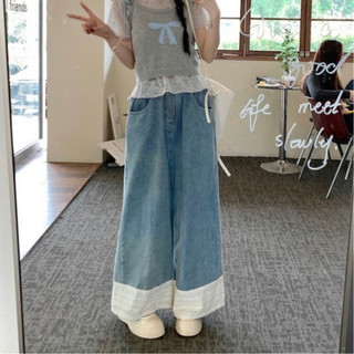 Quần jean ống rộng form suống cạo chun lưng cao  phối ren màu xanh retro cho nữ basic vintage hàng loại 1 DELIZ