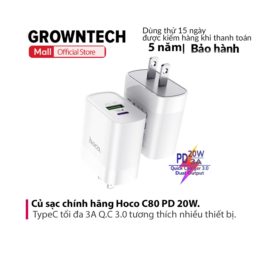 Củ sạc Hoco C80 PD 20W sạc nhanh 2 cổng USB + TypeC tối đa 3A Q.C 3.0 tương thích nhiều thiết bị