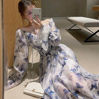 Váy hồ điẹp dáng dài vải tơ mềm, đầm dài tay cổ tim hoạ tiết hồ điệp phong cách sang chảnh Logastore_L315