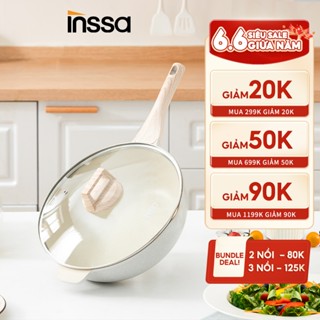 INSSA [Nồi bếp từ] Chảo đá Maifan chống dính, chiên xào 2 trong 1, dùng được cho bếp ga, bếp từ, màu trắng 28CM GUOJ011