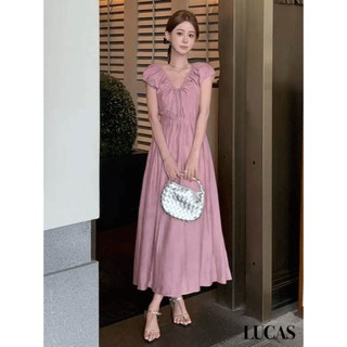 Váy hồng cổ v siết ngực tay cộc dáng a dài basic