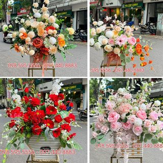 Lẵng hoa lụa, hoa giả cắm sẵn - Nhiều mẫu - trang trí sự kiện, khai trương, tân gia, bục phát biểu sang trọng